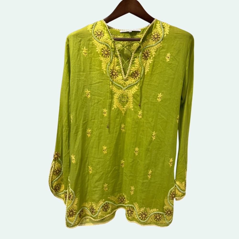 Embroidered Lime Green Boho Resort Tunic Top Hand Beaded Vacation Luxe Size M